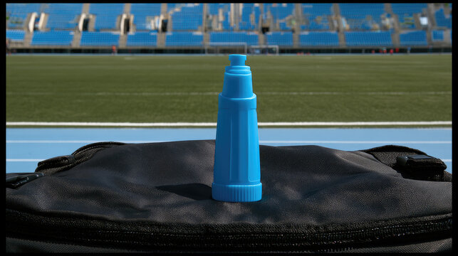 Asthma inhaler on sports bag at soccer stadium, clean sideline scene with bright sun and empty field
