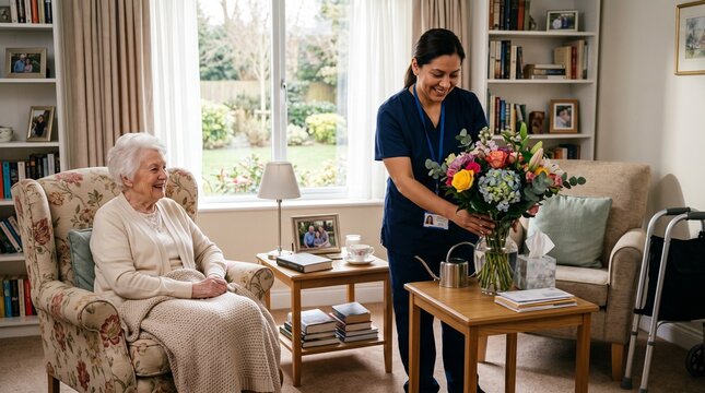 Caregiver bringing flowers to a senior woman in a living room