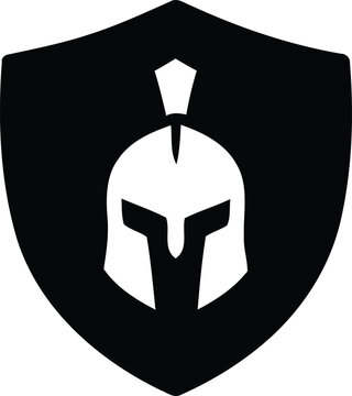 Spartan helmet logo on shield, ancient greek warrior head silhouette, minimalist gladiator armor vector icon for sports and security branding