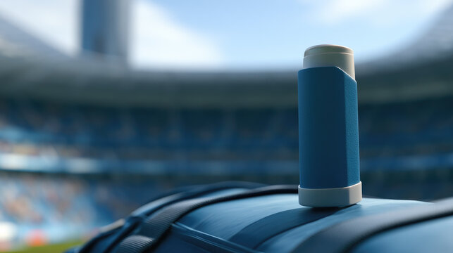 Asthma inhaler on sports bag in soccer stadium with bright natural light, clean minimalist composition, medical aid for sport and breathing care