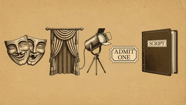Vintage theatre icons including masks, curtain, spotlight, and script. Classic engraved illustration on textured paper. Performance arts concept, perfect for entertainment marketing.