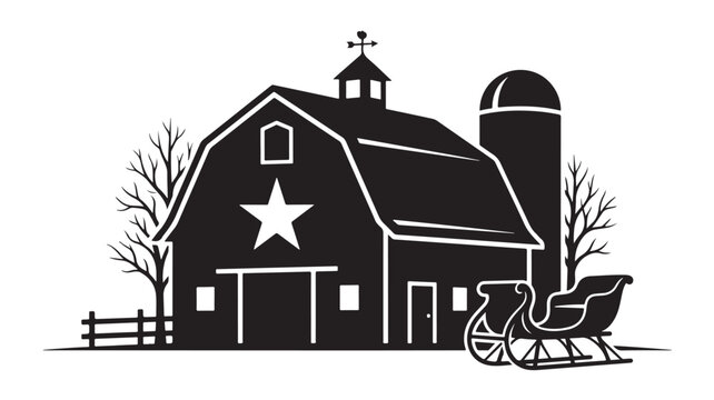Barn with Star Illustration Featuring Silo, Sleigh, and Trees in Rural Countryside Scene Featuring Farm, Vector, Black with White