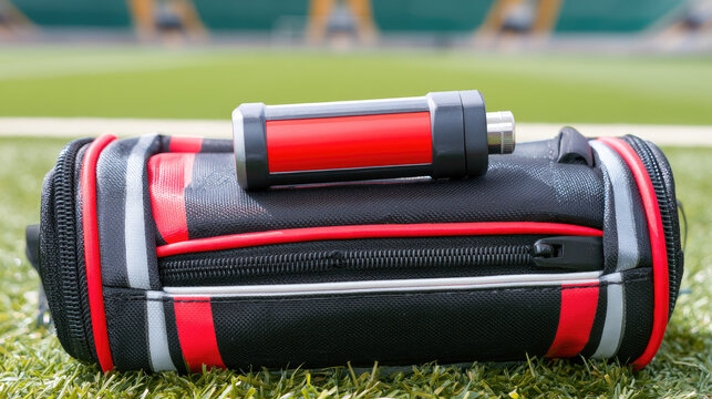 Asthma inhaler sports bag soccer field stadium grass field athletic gear medical device portable inhaler emergency medicine sideline outdoor red black fitness sport health treatment breathing