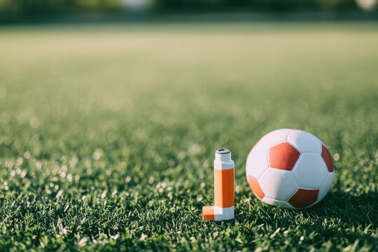 Asthma inhaler soccer field close up photography of orange and white inhaler beside soccer ball on green grass with soft morning light and wide copy space