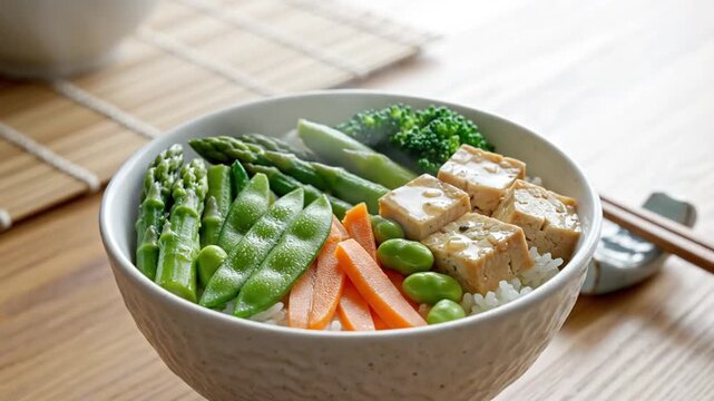 A healthy vegan buddha bowl with tofu and assorted fresh steamed vegetables served on rice.
