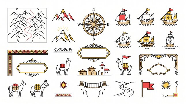 Antique map elements of Andes mountains. Vintage travel icons with llamas and sailing ships.