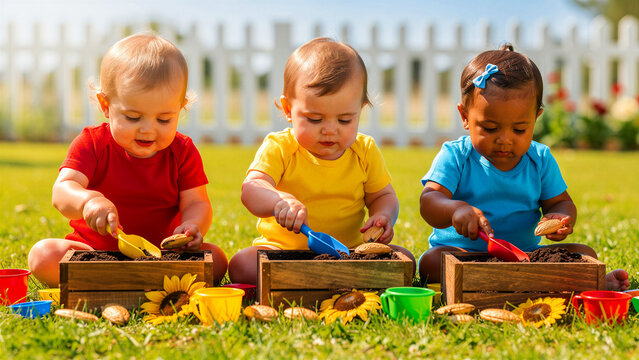 Three diverse babies playing with gardening tools in a backyard. Infants digging in wooden soil boxes wearing colorful shirts outdoors. Early childhood nature education and diversity concept.