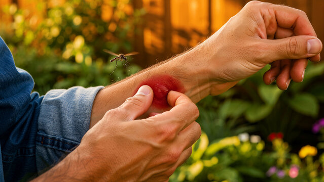 Man examining a large red mosquito bite on his forearm outdoors. Swollen skin inflammation caused by an insect sting in a garden setting. Health warning concept for medical and pest control use.