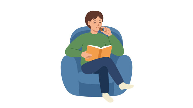 Young man sitting in cozy armchair reading book and enjoying healthy snack flat design vector illustration