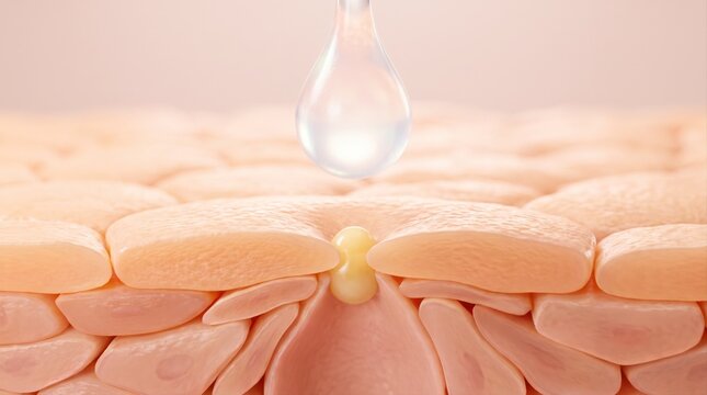 A close-up 3D medical illustration showing a liquid serum drop touching a skin pore with sebum.