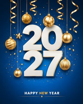 Happy new year 2027 greeting card design with white numbers and shiny gold christmas ornaments and ribbons hanging on a dark blue background with festive confetti and glitter particles