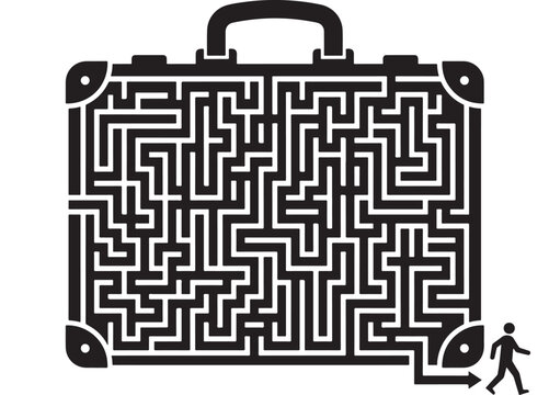 Maze Inside a Briefcase with a Person Walking Through It Featuring Puzzle, Challenge, Black with White and Illustration Elements