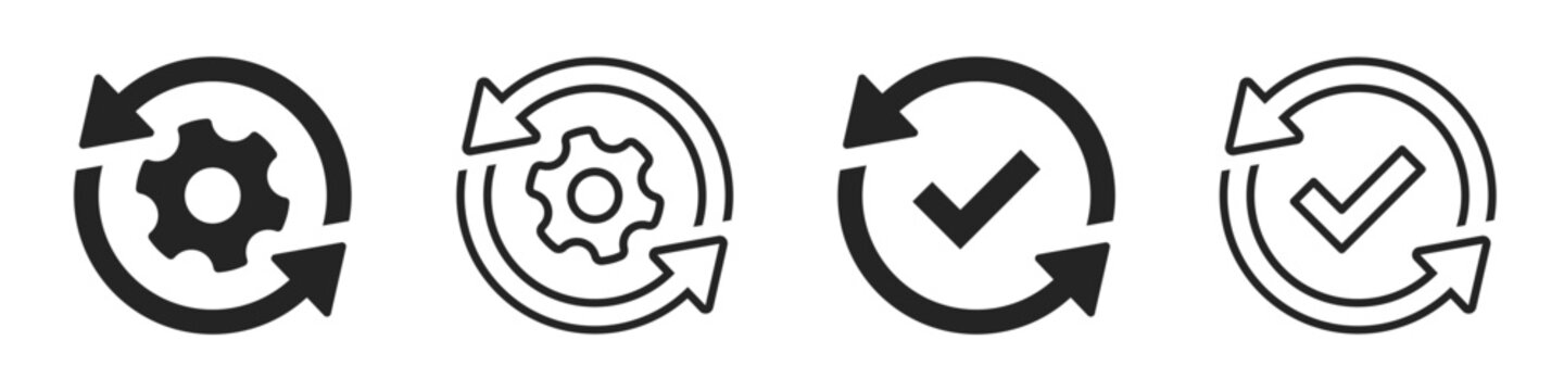 Sync process and refresh icon set. Productivity, update, setting, gear check, synchronization, checkmark, gear wheel with arrow symbol on white background - stock vector.
