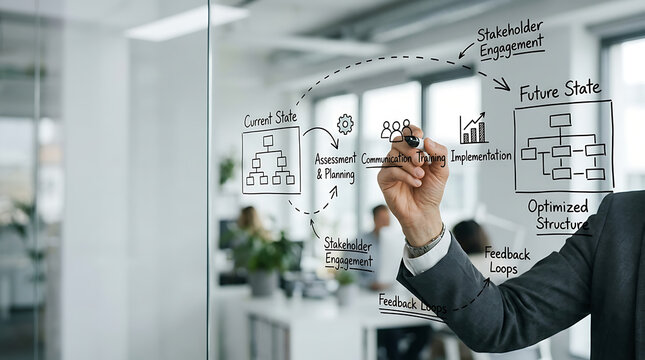 Business professional drawing a complex organizational change management process diagram on a glass wall in a modern office.