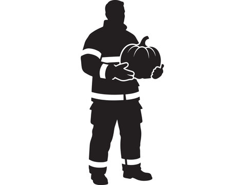 Firefighter Holding Pumpkin Silhouette Vector Illustration Concept Featuring Uniform, Boots, Jacket with Gloves and Rescue