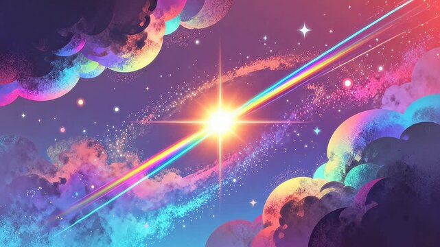 Colorful cosmic sky with star and rainbow