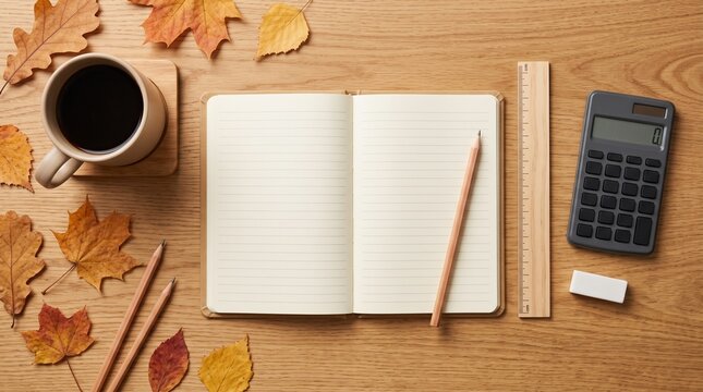Autumn flat lay with coffee, notebook, and calculator