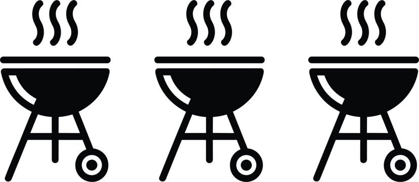 Barbecue grill vector icon set with hot smoke lines, outdoor charcoal BBQ equipment symbols for summer cookout designs