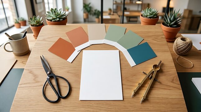 Designer workspace with colorful paint swatches, blank paper, scissors, and drafting compass on a wooden table