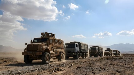 Naklejka premium Military Convoy of Tactical Vehicles Patrolling Dusty Desert Terrain