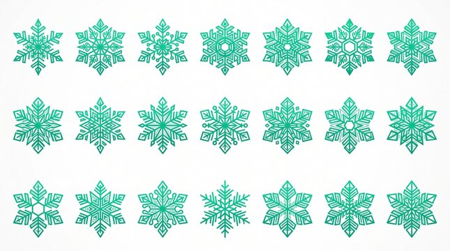 Twenty green snowflake icons arranged in two rows, each uniquely patterned with symmetrical geometric designs symbolizing winter and cold beauty.