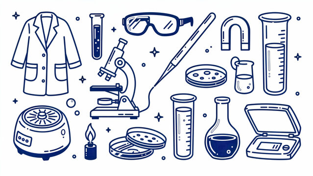 Lab equipment line art icons set. Features microscope, flask, goggles, and test tubes. Educational science research theme, ideal for STEM school projects and medical branding.