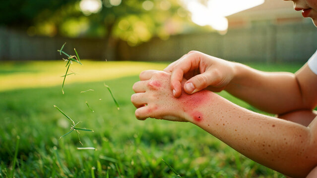 Child scratching red itchy skin rash on hand while outdoors. Close up of insect bites or allergic reaction on a kid's arm. Healthcare and dermatology concept for pediatric skin health campaigns.