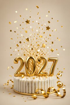 Shiny golden 2027 numbers standing on a decorative pedestal with festive falling confetti and stars for a happy new year celebration party background