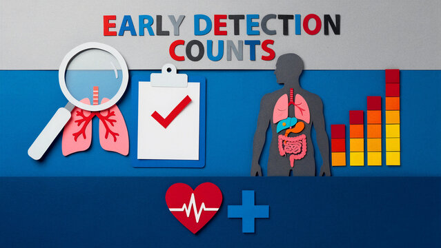 Medical infographic with "Early Detection Counts" text and human anatomy icons. Paper cut style features lungs, heart, and health charts. Preventive healthcare and diagnostic awareness concept.