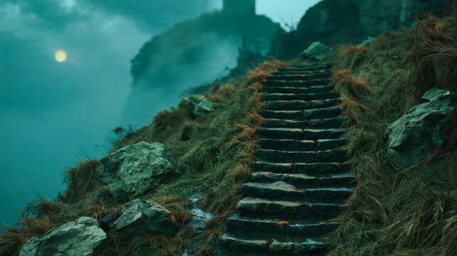 Ancient stone steps ascending a misty coastal hillside