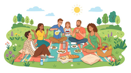 Fototapeta premium Happy diverse friends enjoying a summer picnic and sharing healthy food in a sunny outdoor park flat design vector illustration.