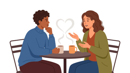 Fototapeta premium Happy diverse couple talking on romantic coffee date with heart shaped steam flat design vector illustration