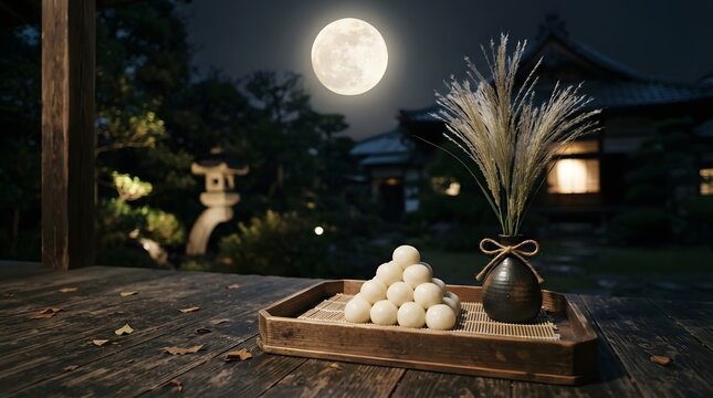Tsukimi moon viewing celebration with dango dumplings and susuki grass on wooden verandah