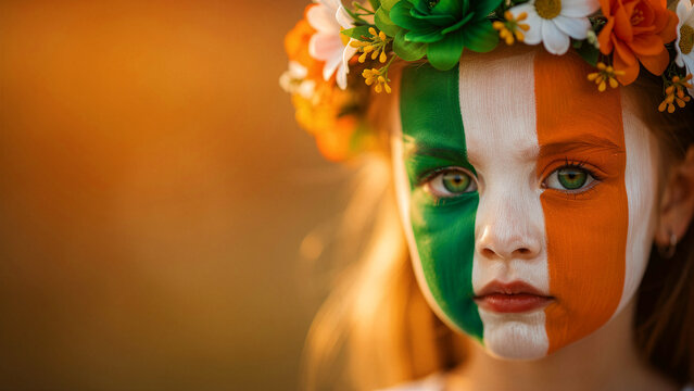 Little girl with Irish flag face paint and a flower crown. Child celebrating St. Patrick's Day during golden hour. National pride and heritage concept for cultural marketing and holiday ads.