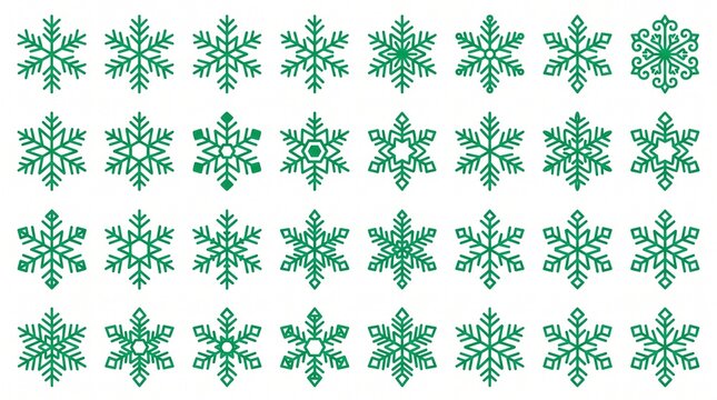 Twenty green snowflake icons arranged in two rows, each uniquely patterned with symmetrical geometric designs symbolizing winter and cold beauty.