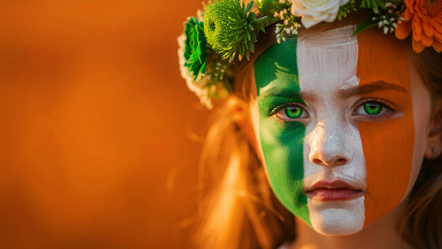 Girl with Irish flag face paint and flower crown. Child celebrating St. Patrick's Day with tri-color makeup. Irish heritage concept for holiday marketing and cultural events.