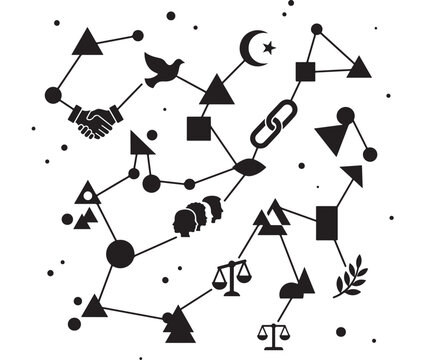 Constellation Illustration with Symbols of Peace, Justice, and Unity in Black and White Featuring Vector, Design, Icon