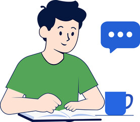 Young Student Man Working on Laptop with Speech Bubble Vector Illustration Concept for Online Education Learning and Remote Work