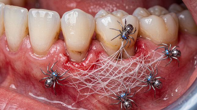 Close-up of dental gum with tiny robotic spiders and webbing, creating a surreal and unsettling atmosphere