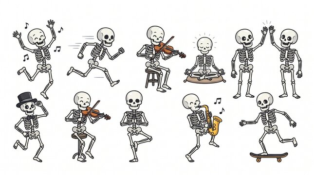 Ten cartoon skeletons in playful poses, performing actions like dancing, running, playing violin, meditating, waving, and tipping a hat.
