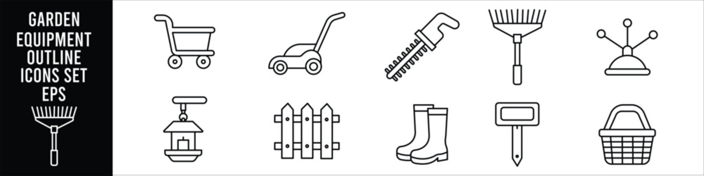 Minimal garden equipment outline icon set featuring garden cart lawn mower hedge trimmer rake bird feeder fence boots plant label and basket icons