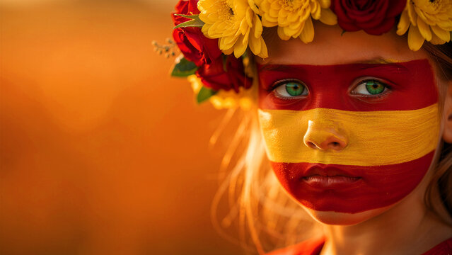 Girl with green eyes wearing Spanish flag face paint and flower crown. Child fan celebrating with national colors and floral headpiece. Patriotic concept for sports events and tourism marketing.