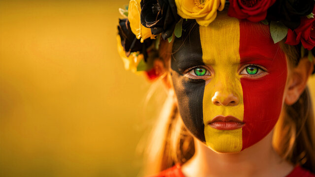 Young girl with Belgian flag face paint and floral crown. Child sports supporter with green eyes looking at camera. Concept of national pride for Belgium sports and cultural events.