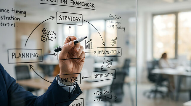Business professional drawing a strategy execution framework diagram on a glass board in an office.