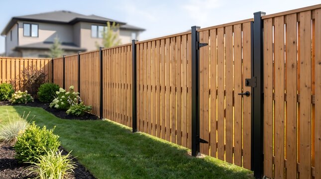 Wooden privacy fence with black metal gate and modern landscaping