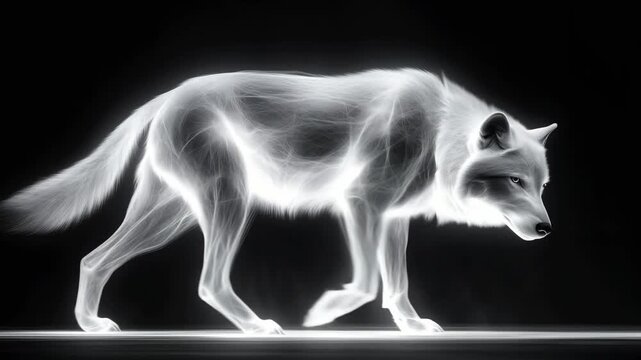 A wolf walks forward on a black background with a glowing outline showcasing artistic details and movement