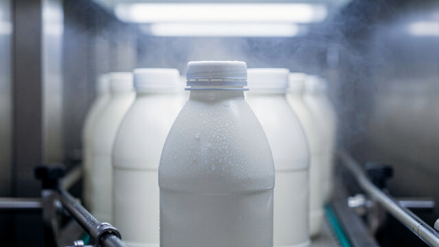 White plastic bottles on a production line conveyor in a dairy factory. Condensation and steam surround the bottles during the cooling process. Dairy industry manufacturing and automation concept.