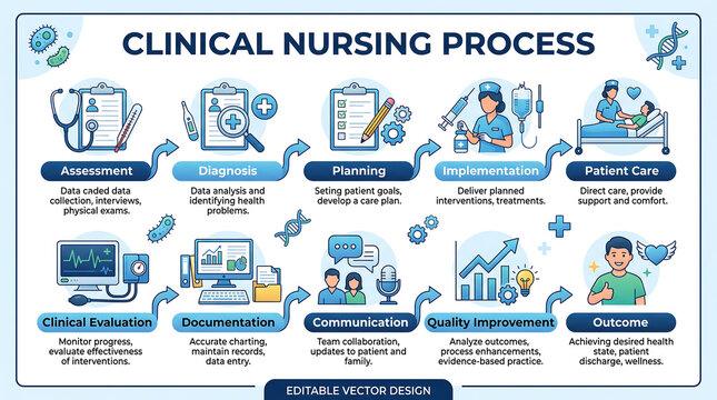 Clinical Nursing Process Infographic, Healthcare Workflow Diagram, Medical Care Steps, Patient Journey Flowchart, Editable Vector Design