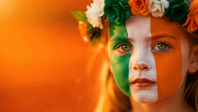 Girl with Irish flag face paint wearing a floral crown. Child celebrating St. Patrick's Day with national colors. Irish heritage concept, ideal for cultural tourism and holiday marketing.