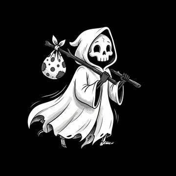 Grim reaper skeleton ghost carrying bindle bag illustration.